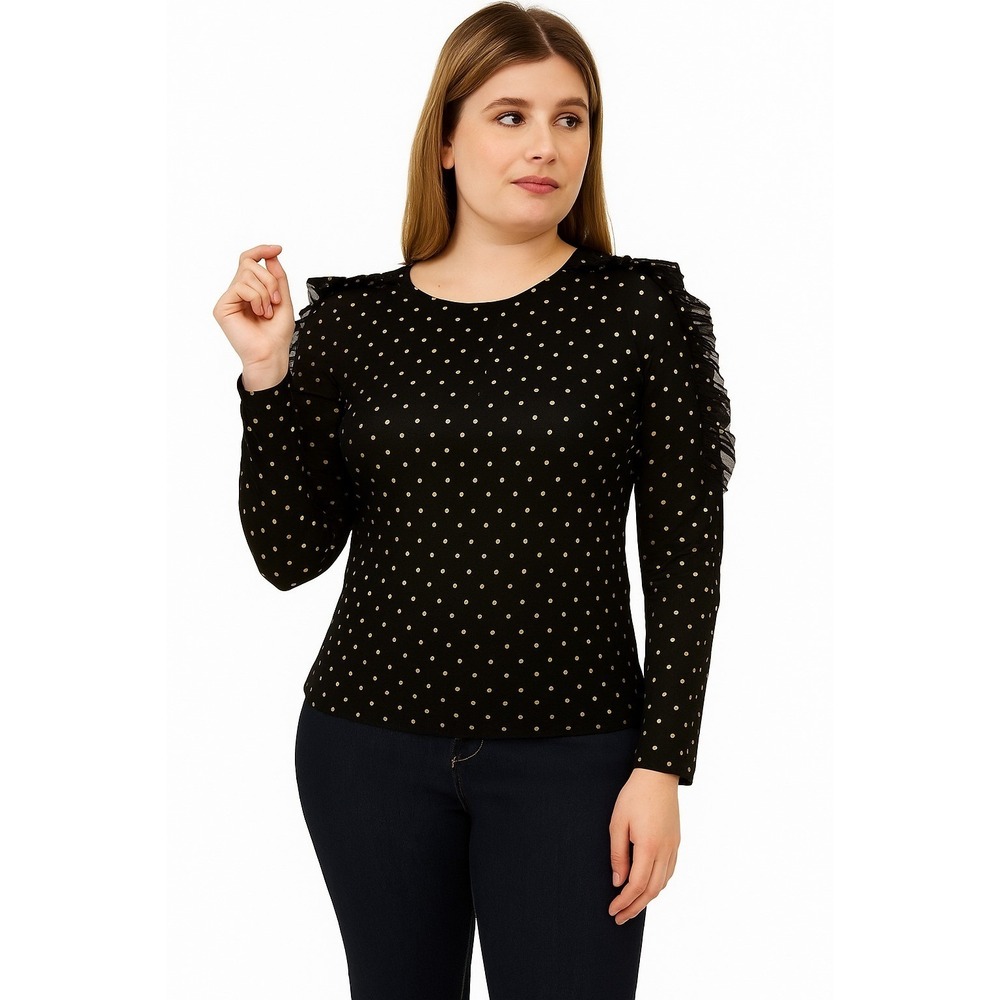 1.STATE Ruffle Shoulder Blouse Black Gold Polka Dot Long Sleeve Top Women's XXS